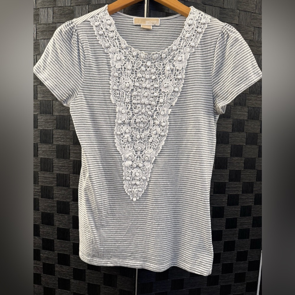 Michael Kors Striped Top with Lace & Beaded Appliqué Size Small